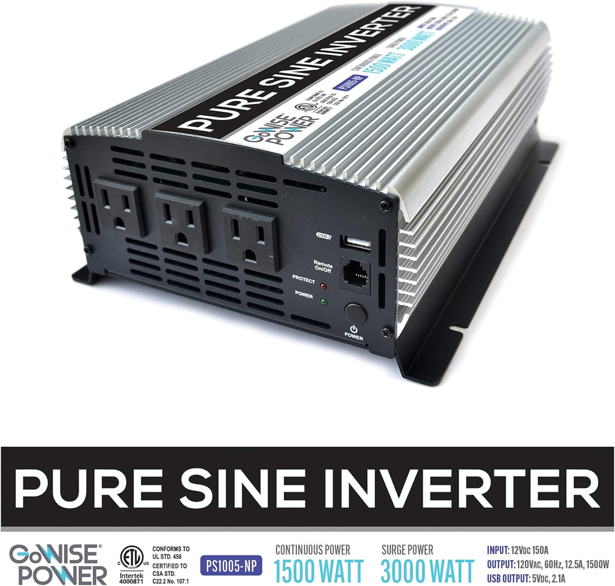 1500W Pure Sine Wave Power Inverter 12V DC to 120V AC with 3 AC Outlets A348