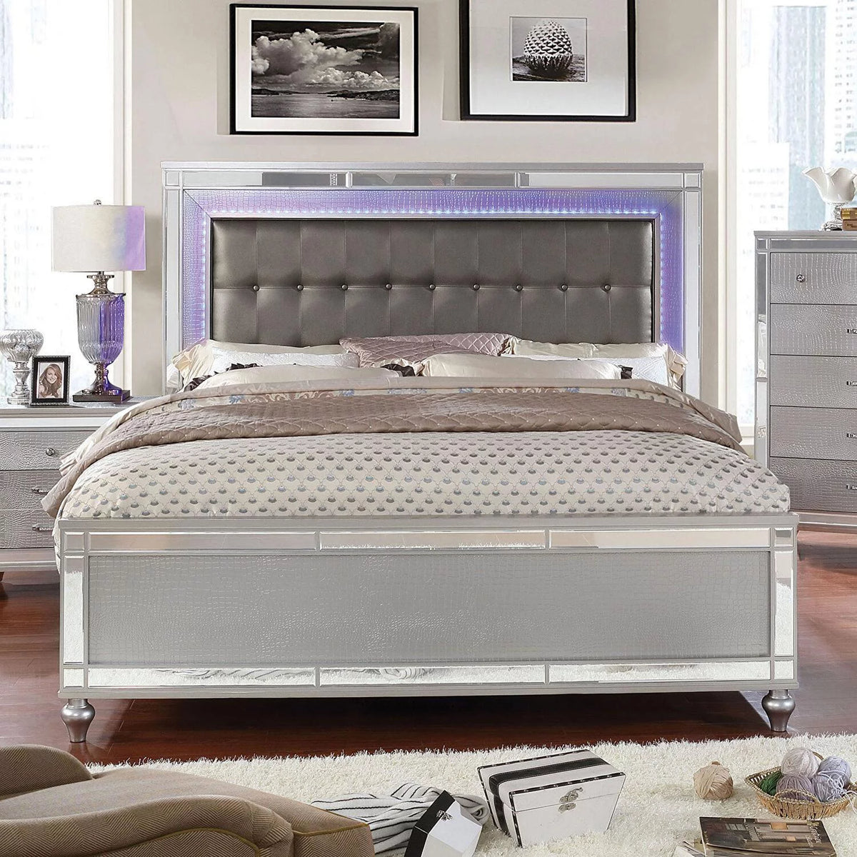 Contemporary Silver Solid Wood King Bedroom Set 5pcs O241