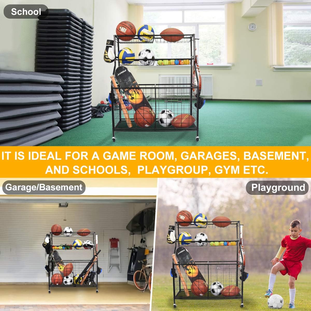 Black Steel Rolling Sports Ball Storage Cart with Baskets and Hooks O674