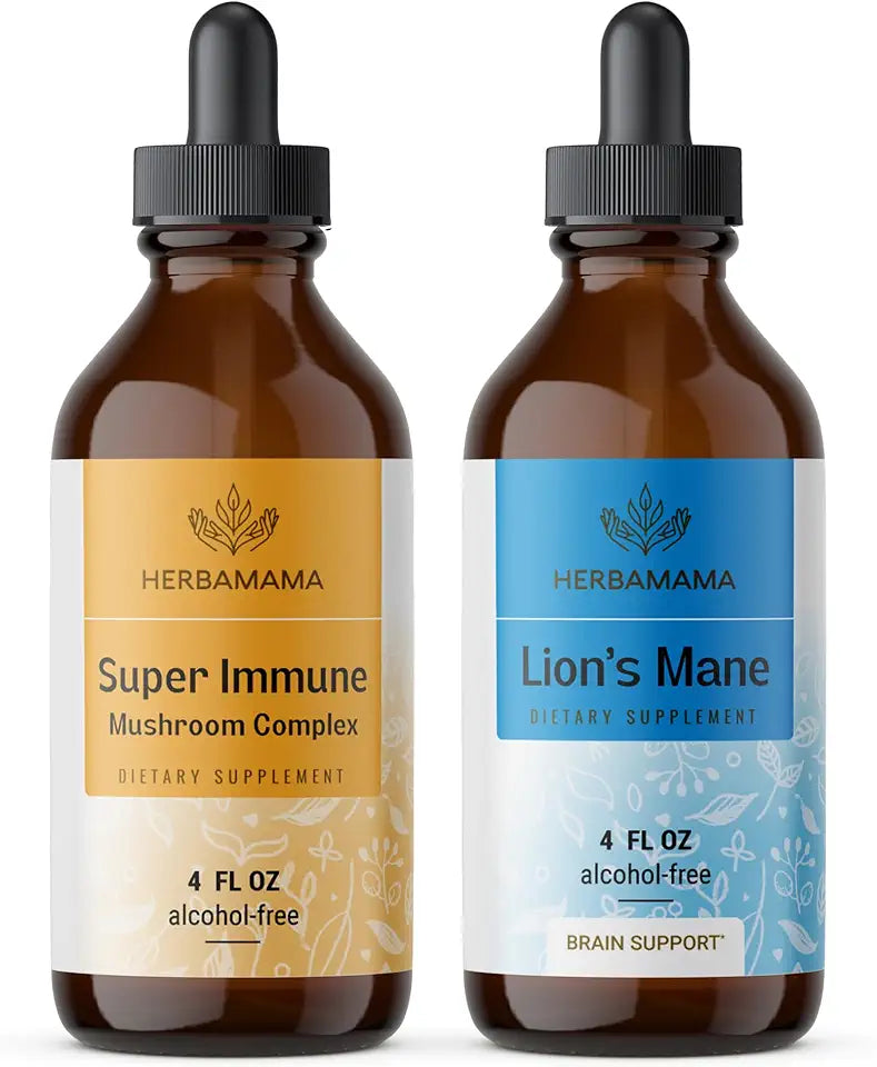 Liquid Drops Kit - Super Immune Mushroom Complex and Lion's Mane Tincture 4 fl oz - Vegan, Non-GMO, Sugar & Alcohol-Free - 2 Pack E871203