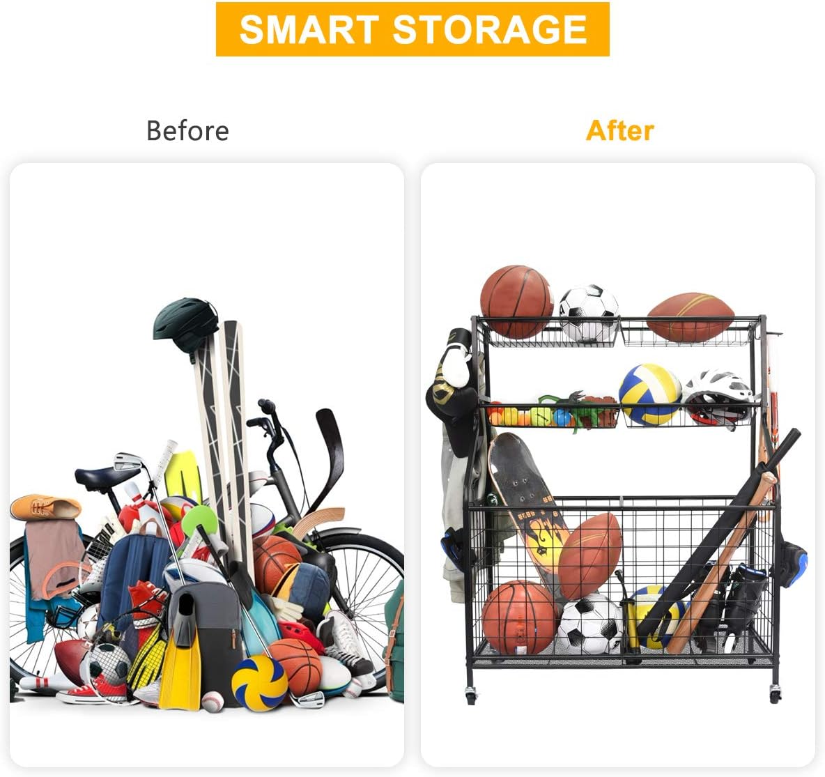 Black Steel Rolling Sports Ball Storage Cart with Baskets and Hooks O674