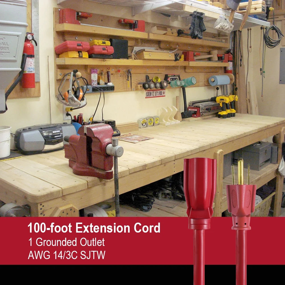 100FT 14AWG 3 Prong Red Extension Cord V42561