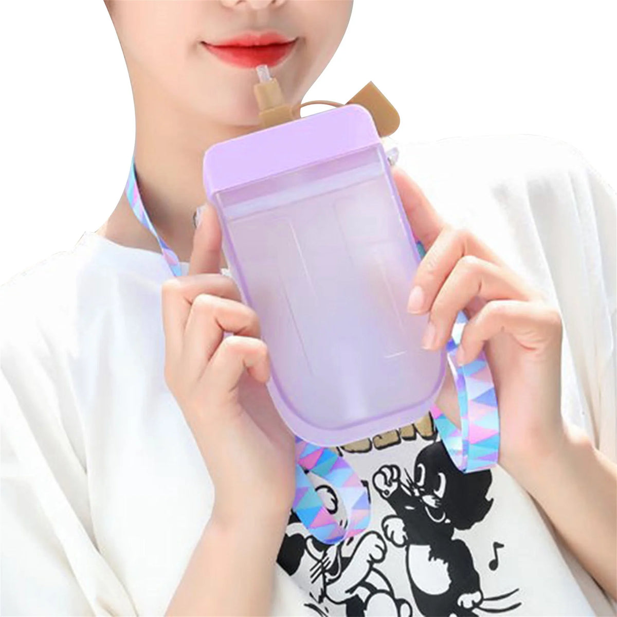 Translucent Water Bottle with Straw and Shoulder Strap L627936