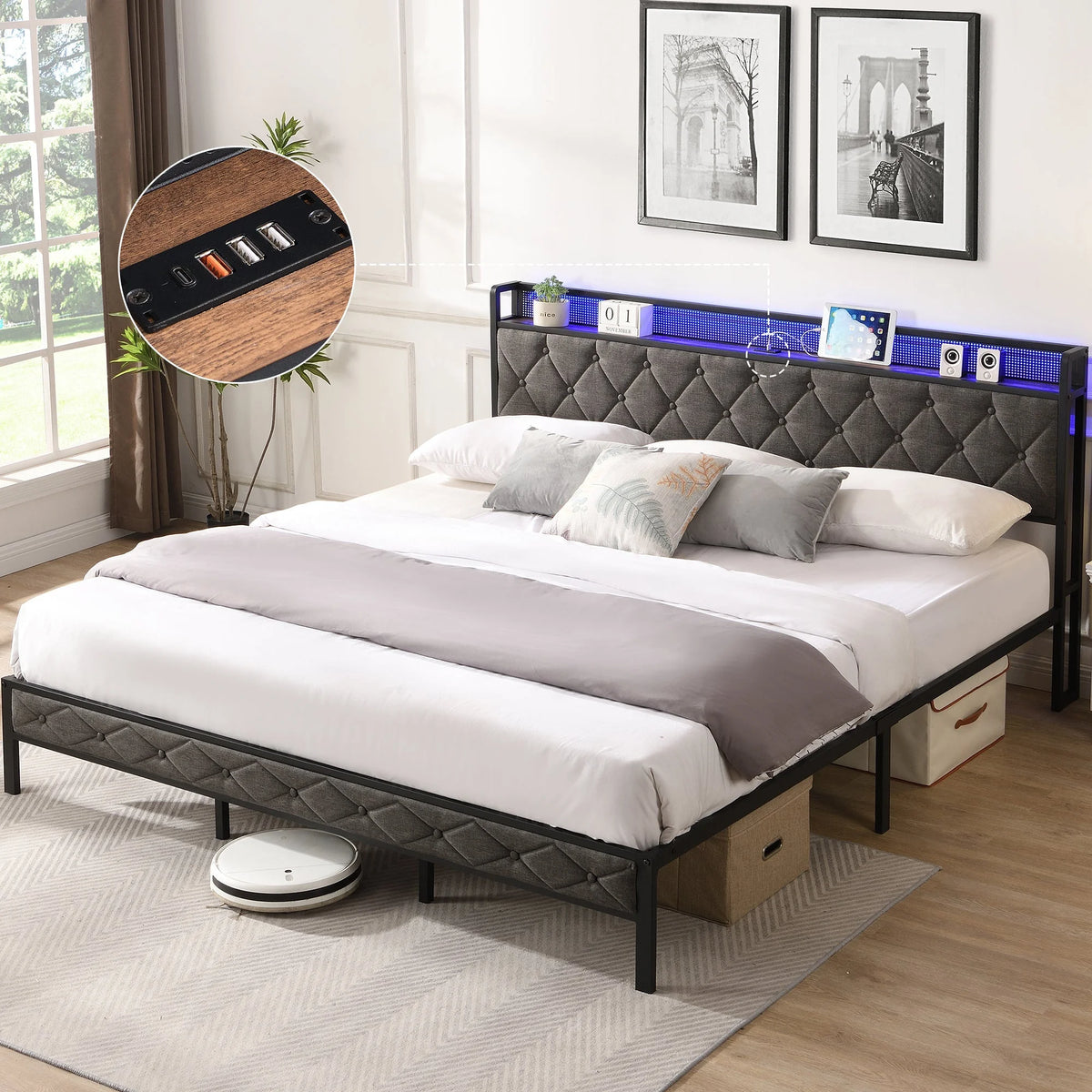 King Size Bed Frame with Storage Dark Gray E2156