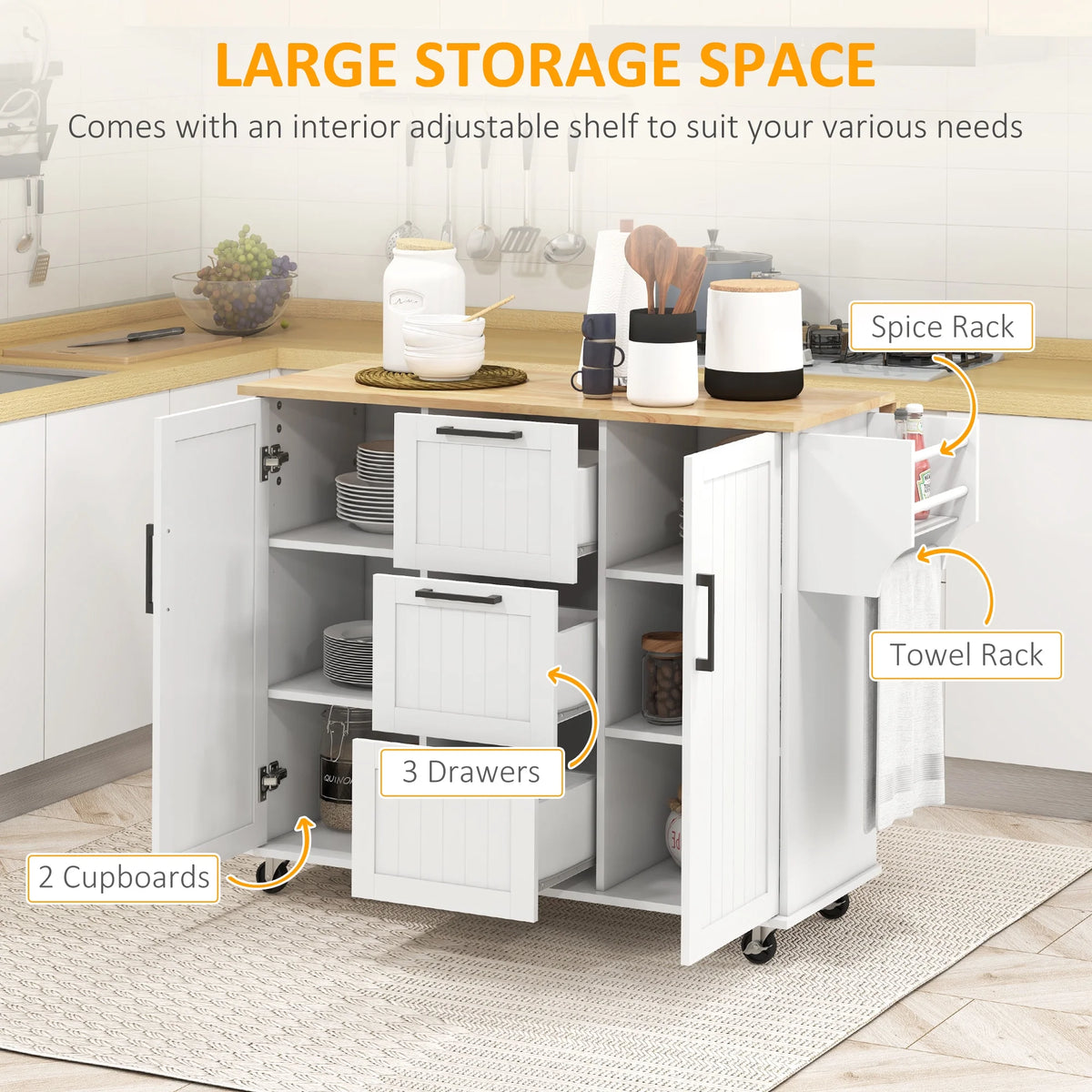 White Kitchen Island on Wheels T72067