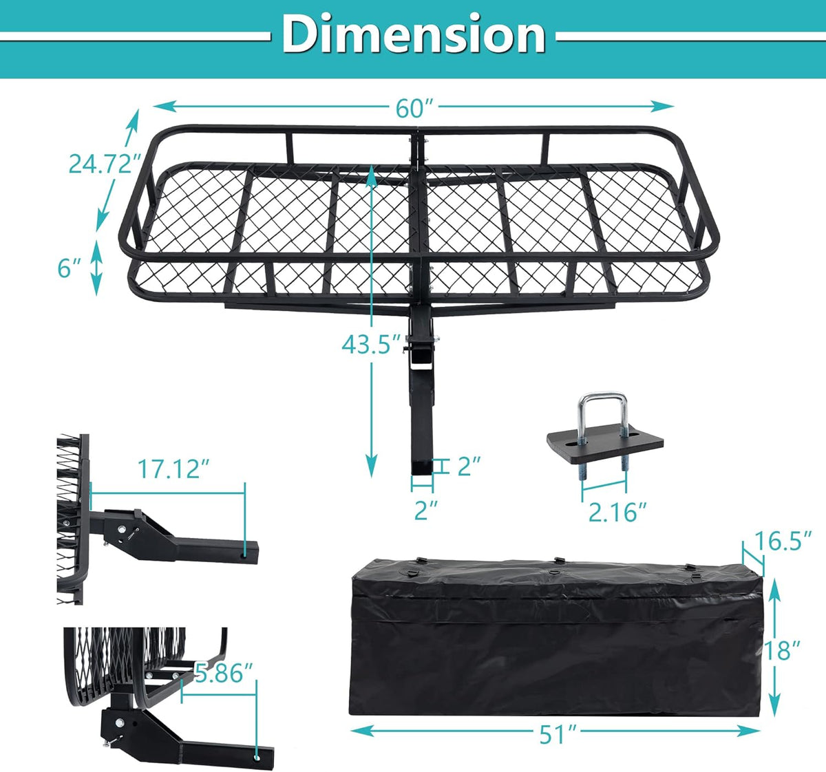 Black Cargo Rack Carrier with Folding Basket and 2 Rainproof Ratchet Straps E659