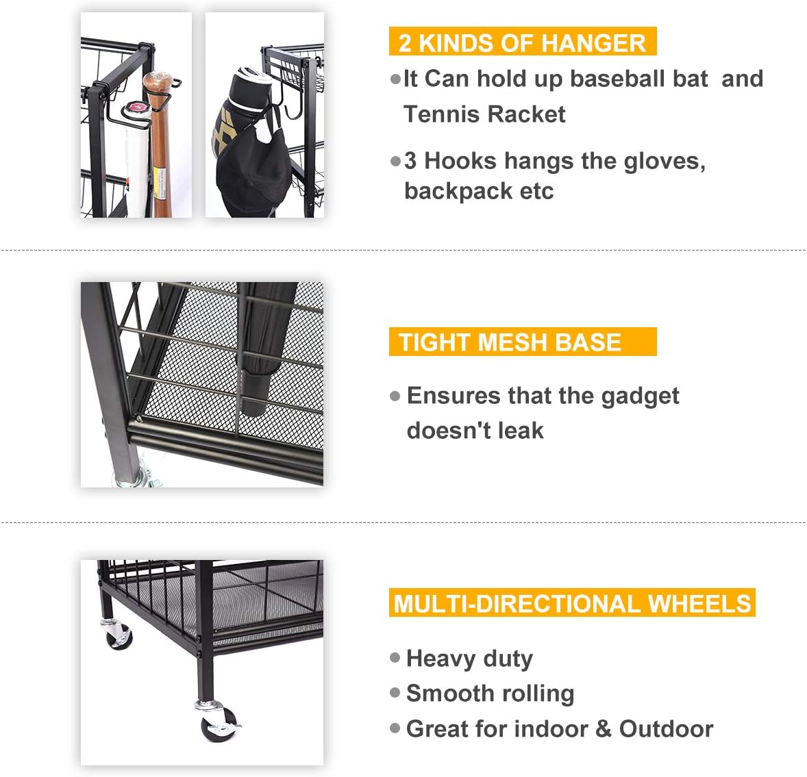 Black Steel Rolling Sports Ball Storage Cart with Baskets and Hooks O674