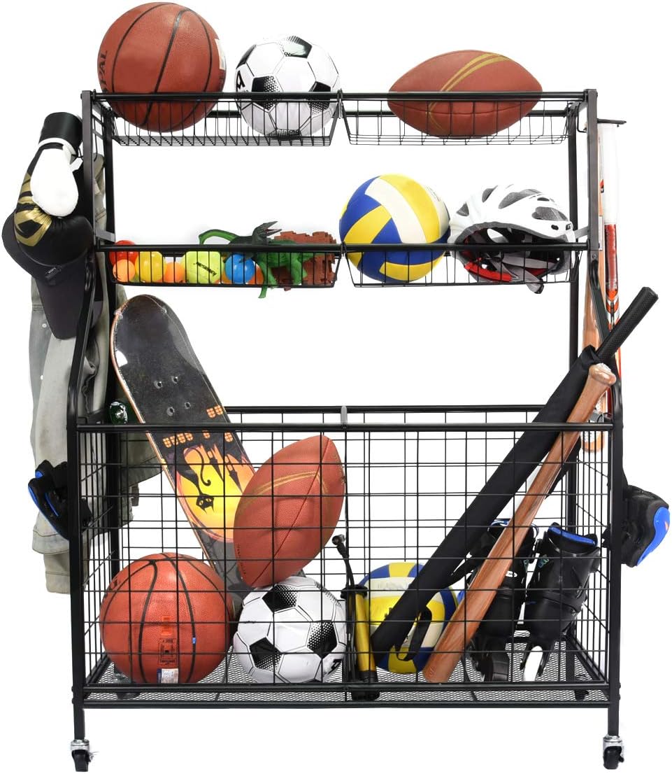 Black Steel Rolling Sports Ball Storage Cart with Baskets and Hooks O674