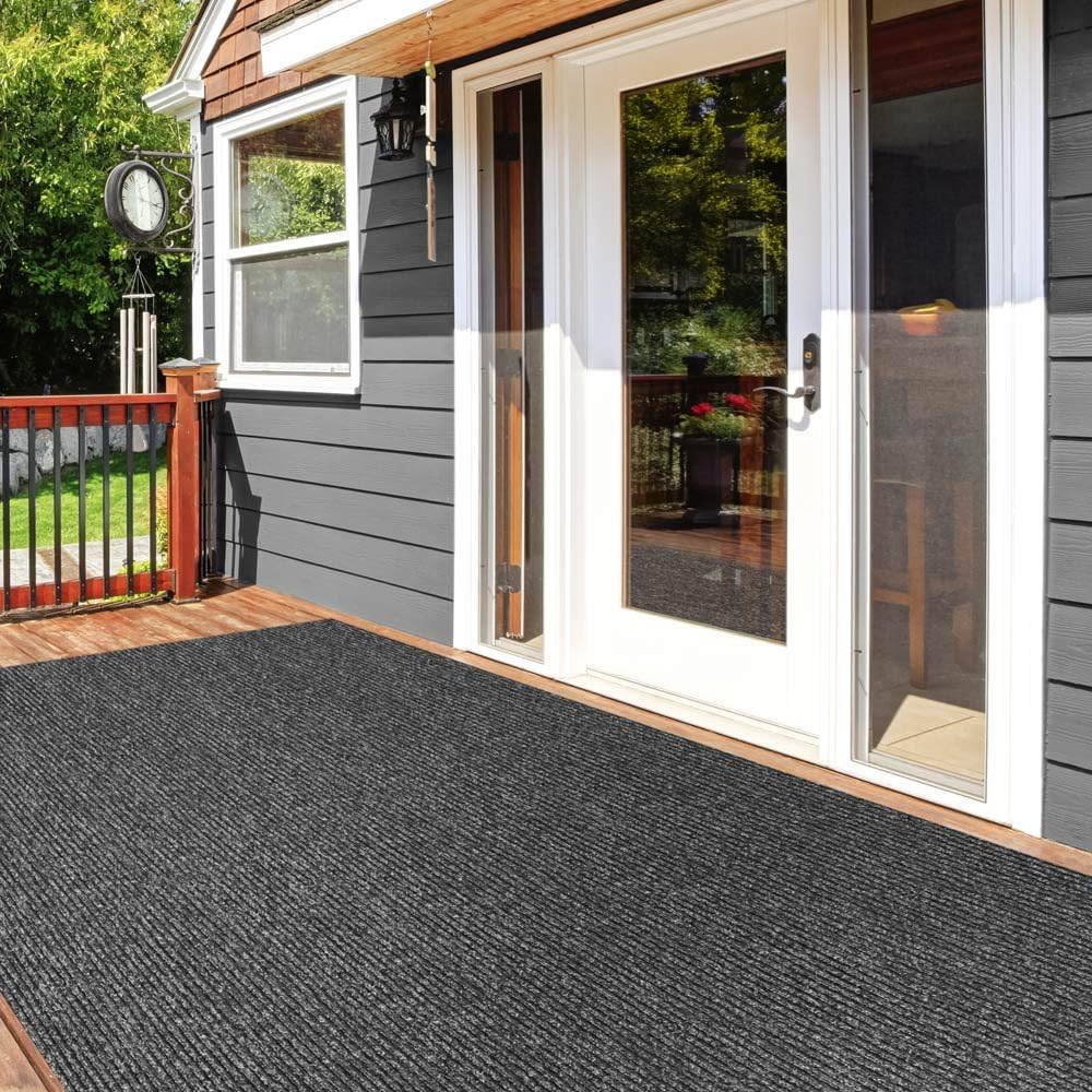 Charcoal Black Ribbed Indoor Outdoor Carpet 6 Feet X 10 Feet Q287
