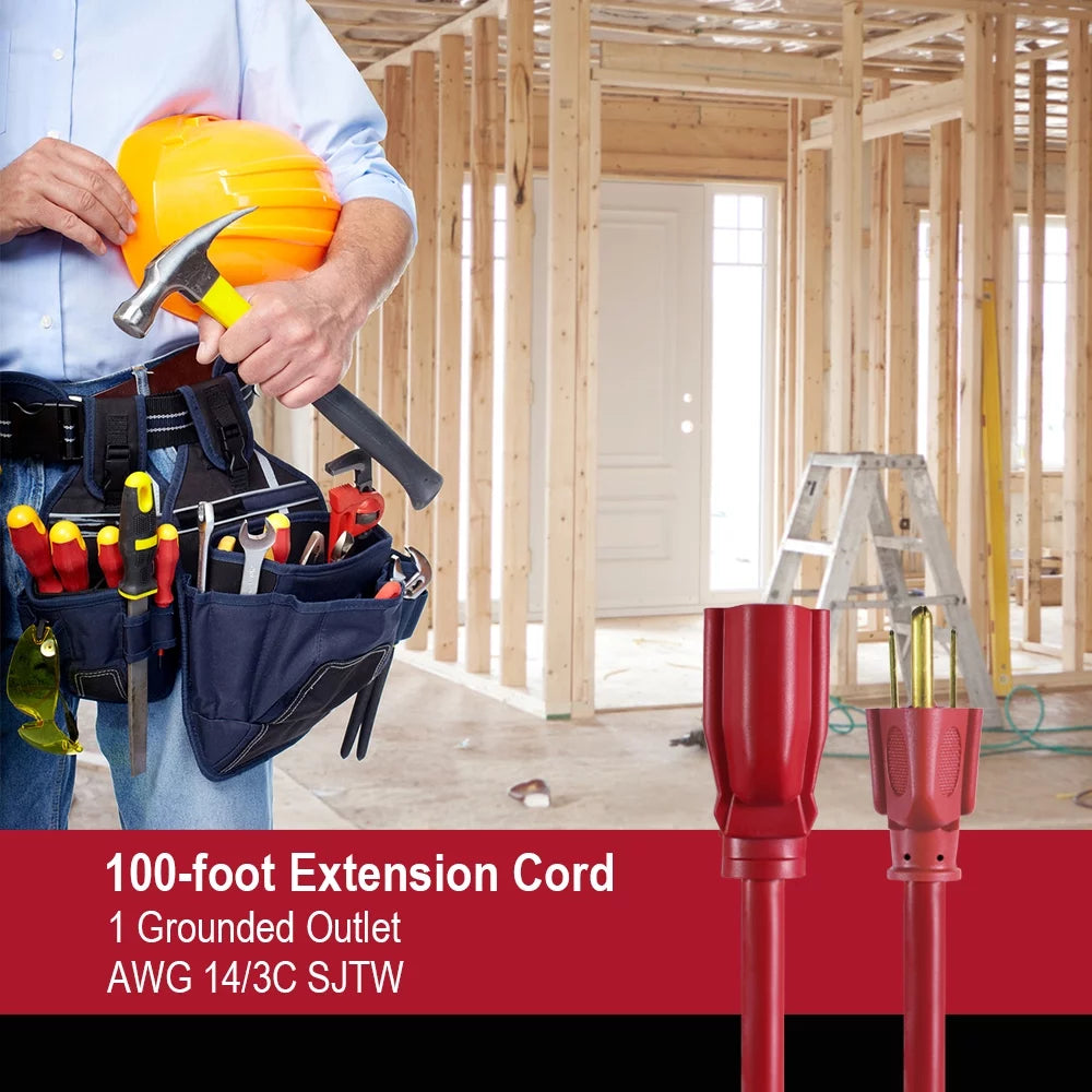 100FT 14AWG 3 Prong Red Extension Cord V42561