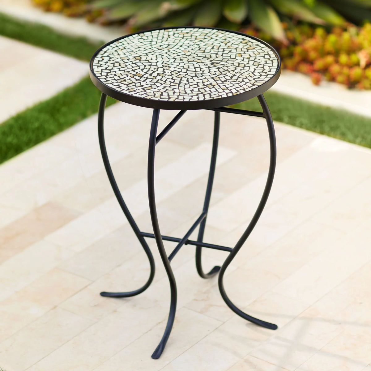 Black Round Outdoor Accent Side Table 14" Wide Mosaic Tabletop A347